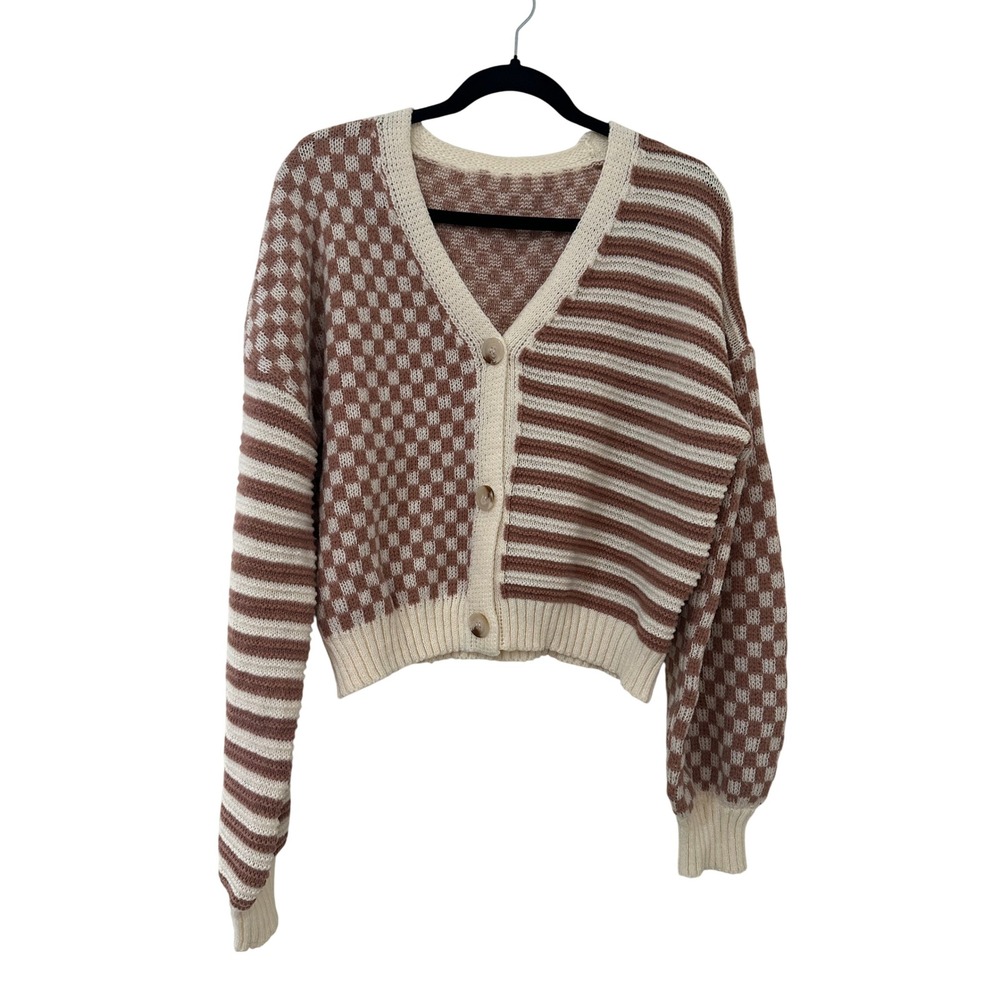 SHEIN Mixed Pattern Cropped Sweater XL Checkerboard Striped Indie Eclectic Boho